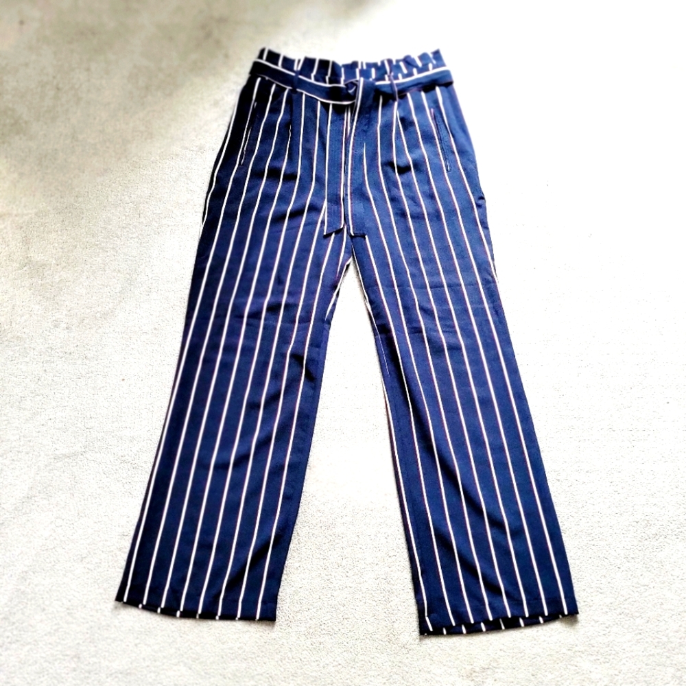 Striped Navy Paperbag Waist Wide-Leg Pants